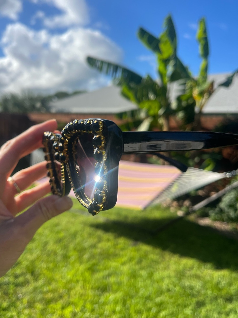 Oversized Black Rhinestone Jeweled Sunglasses Gold Tone Glam Statement W3463 - Picture 2 of 7